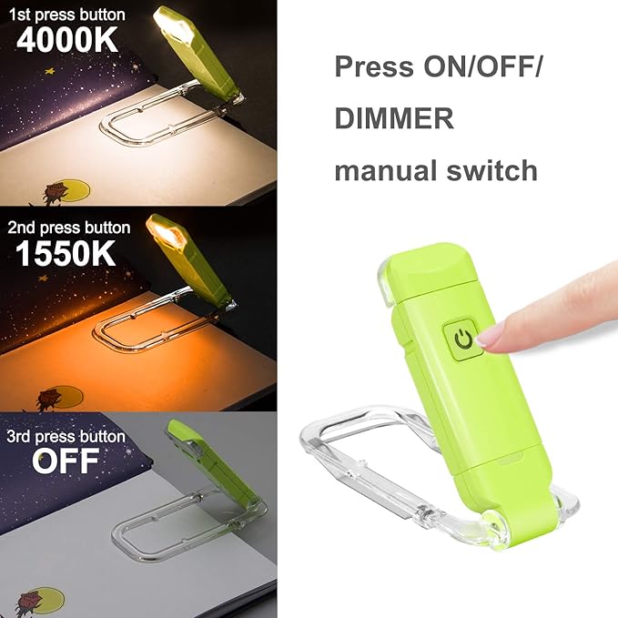 BIGLIGHT Amber Book Reading Light, LED Clip on Book Lights, Reading Lights for Books in Bed, Small Book Light for Kids, USB Rechargeable, 2 Brightness Adjustable for Eye Protection, Green
