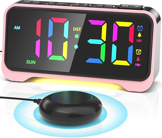 Loud Alarm Clock for Heavy Sleepers Adults, Bed Shaker Alarm Clock with 10-Color Modes/Night Light/USB Charger/7 Dimmer/Battery Backup, Vibrating Alarm Clocks for Hearing Impaired Deaf, Kids, Teens