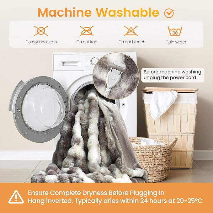 Amélie Home Heated Bubble Faux Fur Blanket Electric - 50"x60" Heating Blanket Throw 2/4/6/8 Hours Auto-Off 8 Heat Level Over-Heat Protection Electric ETL Certification Tie-dye Grey