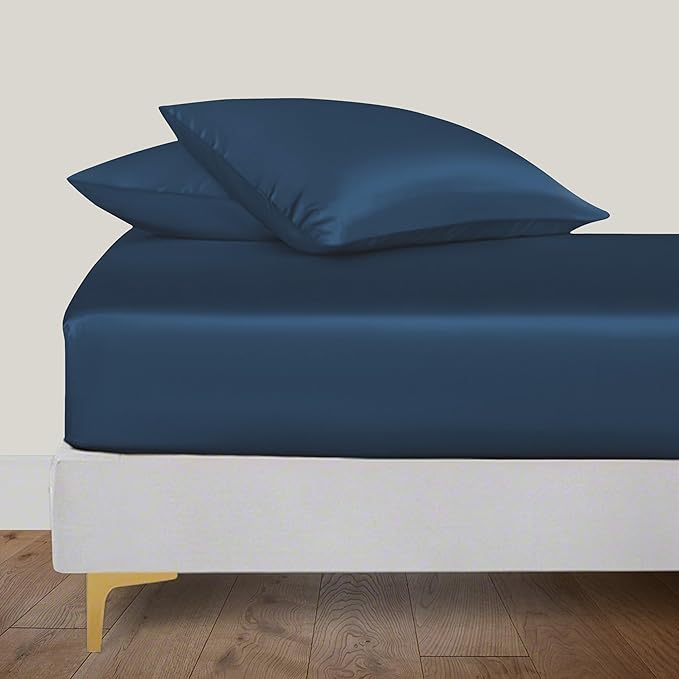 LINENWALAS Fitted Sheet Only Viscose Derived from Bamboo, Bottom Sheet for Full Size Bed – 16” Deep Pocket, All Around Snug Fit – Cooling, Breathable, Soft, Hypoallergenic (Navy Blue, Full)