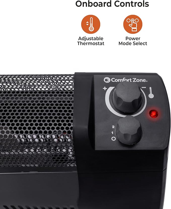 Comfort Zone 1500W Convection Baseboard Heater – Silent Portable Electric Space Heater with Adjustable Thermostat, 2 Heat Settings & Safety Tip-Over Switch – Black