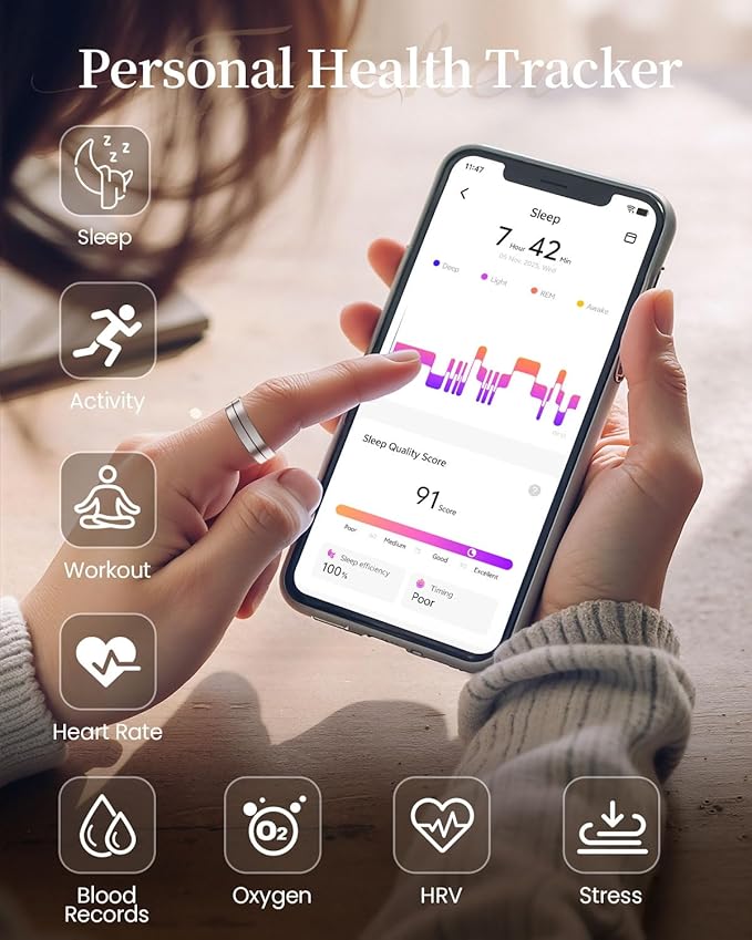 Fvtga Smart Ring for Women Men - Fitness Health Tracker with Sleep Monitoring Heart Rate and Activity Tracking,Blood Oxygen Monitor IP68 Waterproof No Subscription Fee iOS Android Compatible(Silver10)