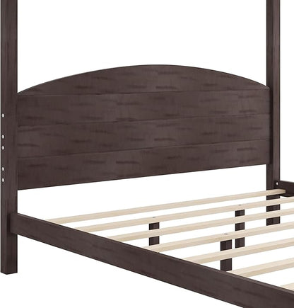 LUMISOL King Size Canopy Bed Frame with Headboard, Wood Platform Bed with Under Bed Storage, Four Poster Bed Frame with Slat Support Leg, No Box Spring Needed, Brown Wash
