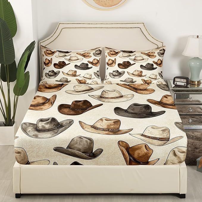 Cowboy Hats Fitted Sheet Twin Size,Rustic Farmhouse Tribal Cowboy Bed Sheet with 1 Pillowcase,Vintage Western Style Brown Beige Green Soft Decorative Bedding(No Flat Sheet)
