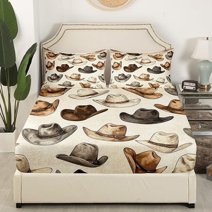 Cowboy Hats Fitted Sheet Twin Size,Rustic Farmhouse Tribal Cowboy Bed Sheet with 1 Pillowcase,Vintage Western Style Brown Beige Green Soft Decorative Bedding(No Flat Sheet)