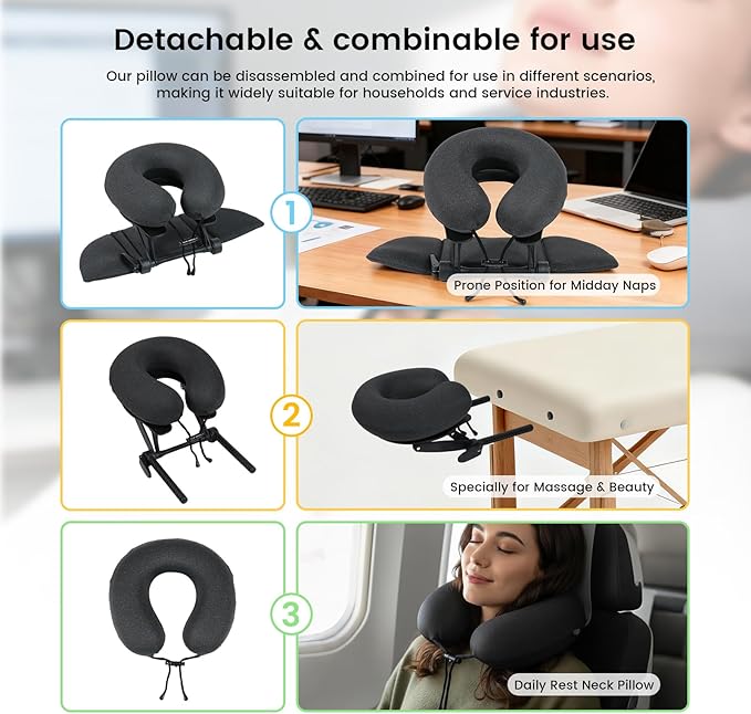 Intelligent Support Memory Foam Pillow，Adjustable Massage Pillow – Multi-Use Ergonomic Neck Pillow for Office Naps,Travel, Recliner Headrest – Portable (Black Pillow+Black Plastic Stand)