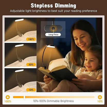 Clip-On Book Light for Reading at Night -Rechargeable 14 LEDs with 3 Color Modes & Stepless Dimming Brightness, Eye-Care, USB-C Charging, 70-Hour Runtime, 360° Flexible Gooseneck