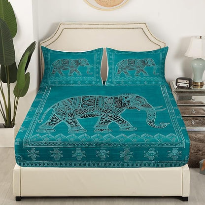 Manfei Elephant Kids Sheet King Size,Indian Exotic Trippy Boho Bedding Set,Boys Girls Room Decor,Native American Indian Style Green Psychedelic Bed Sheet Set 4pcs(Fitted + Flat + 2 Pillowcases)
