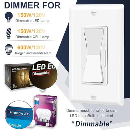 Dimmer Light Switch,Greencycle 2PK Single Pole/3 Way Dimmer Switch for Dimmable 150W LED CFL Light,600W Halogen and Incandescent,15A 120V,Neutral Wire Not Required,Residential/Commercial,ETL Listed