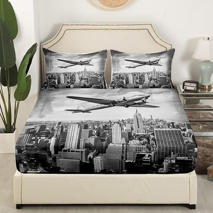 Airplane Kids Fitted Sheet Full Size,Modern Building Fashion Bedding Set,Boys Girls Room Decor,Flying Aircraft Aviation Theme Bed Cover,Grey Retro Bed Sheet,2 Pillowcases