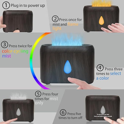 Flame Diffuser for Essential Oils, 200ml Ultrasonic Aroma Diffusers with Cool Mist, Aromatherapy Diffuser with Auto-Off Protection (Dark Wooden Grain(7 Colors), Peppermint+Lavender+Tea Tree+Lemon)