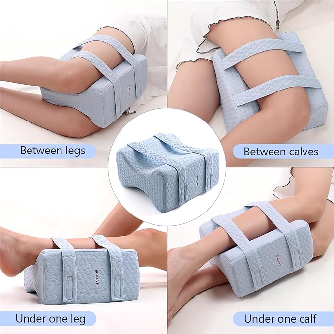 Knee Leg Pillow for Side Sleepers with Straps, Sciatica Sacroiliac Thigh Joints Hip-Back Pain Relief, Ergonomic Contour Encourages Natural Hip-to-Knee Alignment Pillow for Side Sleeping, Sky Blue