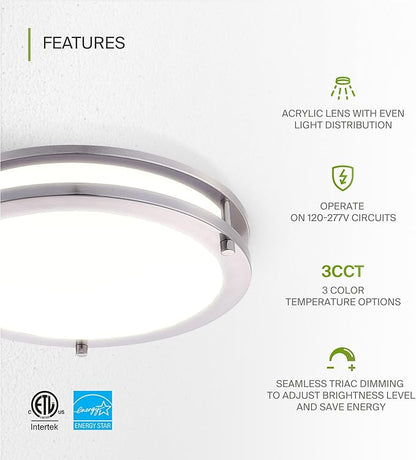 ASD LED 12" Round Flush Mount Lighting, Close to Ceiling Light Fixture | 3CCT, Dimmable, Energy Star, ETL Listed | 20W 1580LM 3000-5000K 100-277V | Low Profile Double Ring Lamp | Nickel