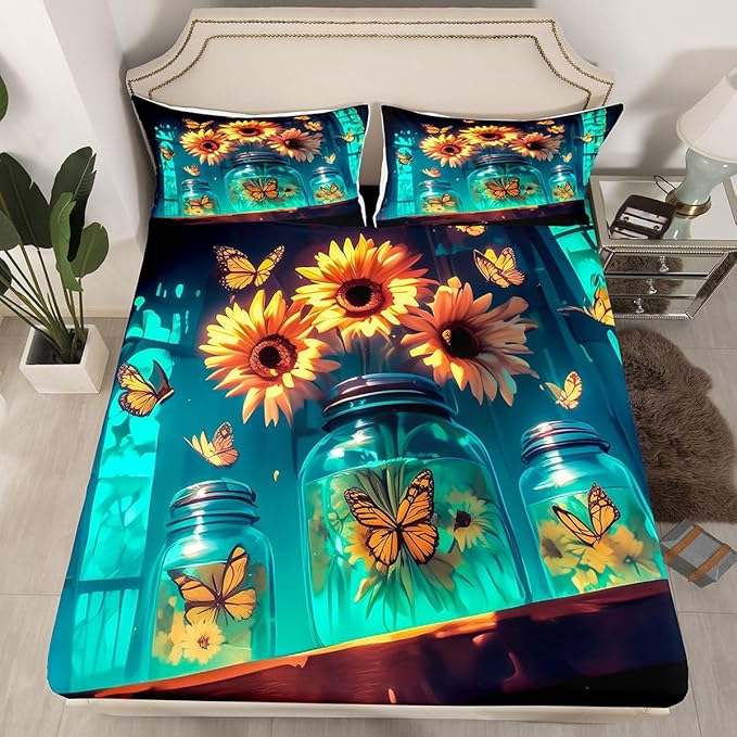 Yellow Sunflower Kids Queen Size Fitted Sheet,Farmhouse Floral Flower Boys Girls Bed Sheets,Butterfly Rustic Wooden Room Decor,Teal Yellow Bedding Set,2 Pillowcases(No Flat)
