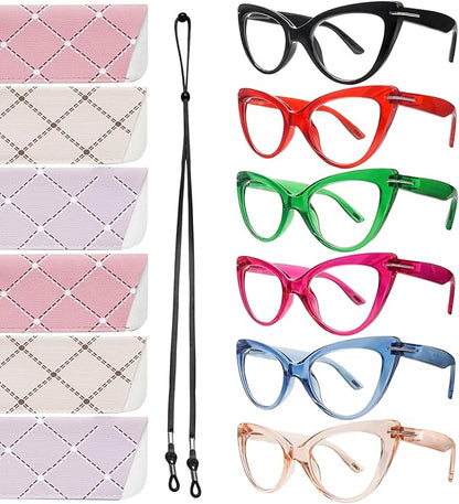 6 Pack Fashion Cat Eye Reading Glasses for Women Blue Light Blocking Oversized Spring Hinges Computer Readers