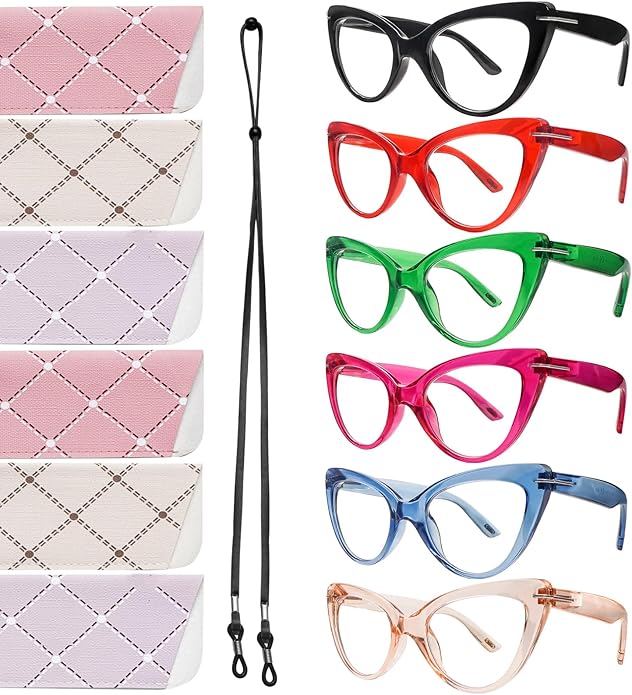6 Pack Fashion Cat Eye Reading Glasses for Women Blue Light Blocking Oversized Spring Hinges Computer Readers