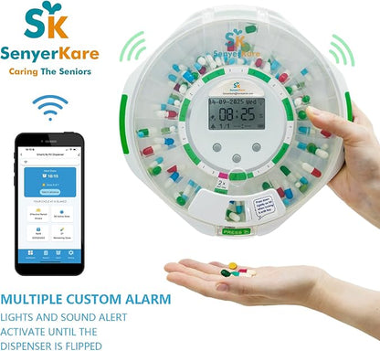 Smart WiFi Automatic Pill Dispenser w/Lock for Elderly, 28-Day Medication Organizer with Light/Sound & APP Alarm, up to 9 Alarms/Day, 9 Doses Per Day for Prescriptions & Vitamins, Clear Lid