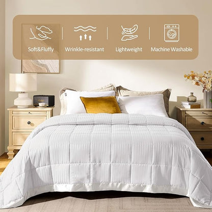 downluxe Queen Size Blanket with Satin Trim, Lightweight Down Alternative Blankets Queen Size for All Season, Machine Washable (Ivory, 90x90 Inch)
