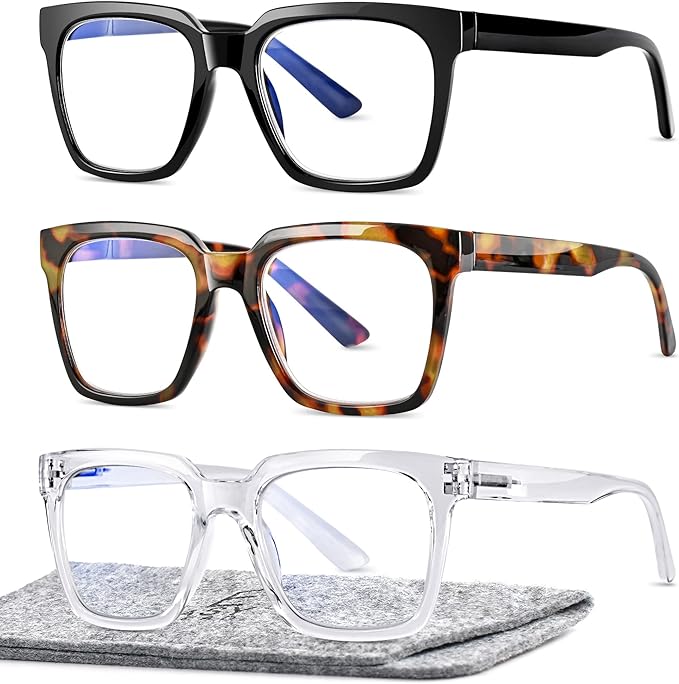 EASY READ 3 Pairs Reading Glasses for Women, Squre Computer Blue Light Blocking Anti UV Readers with Spring Hinge