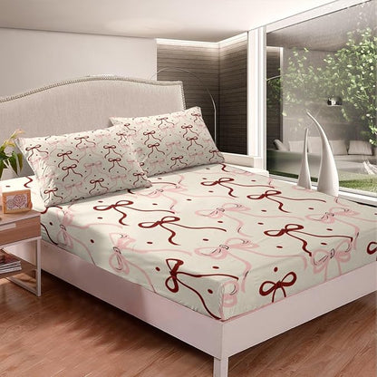Bowknot Ribbon Fitted Sheet Set with 2 Pillowcase,Princess Red Pink Bow-tie Dreamy Girly Microfiber Mattress Cover,Cute Polka Dots Vintage Beige Bed Cover Queen Size
