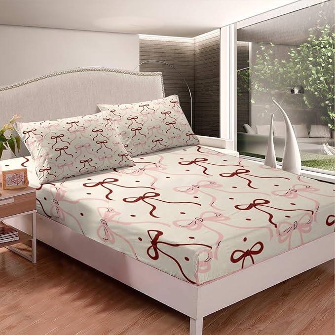 Bowknot Ribbon Bed Sheet Set Home Decor Princess Red Pink Bow-tie Dreamy Girly Sheet Sets Deep Pocket,Cute Polka Dots Vintage Beige Mattress Cover,Twin Size with 1 Pillowcase