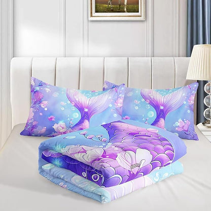 Pretty Mermaid Comforter Full for Girls Kids, Mermaid Fish Scale Floral Pattern Bedding for Girls Bedroom Decor, Ocean Themed Comforter Bedding Set with 2 Pillowcases