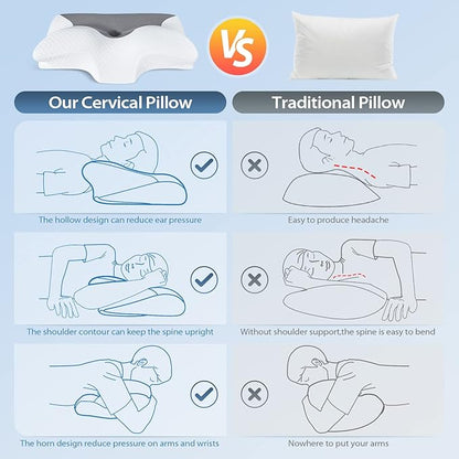 HOMCA Cervical Pillow Memory Foam Pillows - Contour Memory Foam Pillow for Neck Pain Relief, Orthopedic Neck Bed Pillow for Side Sleepers Back and Stomach