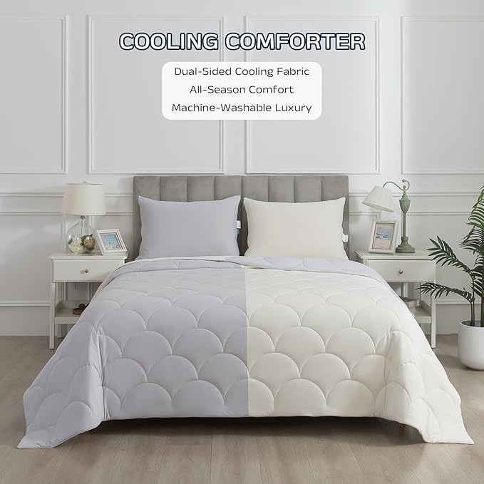 Cooling Blanket for Hot Sleepers - Queen Size Lightweight Breathable Tencel Blend, Double Sided All-Season Comforter, Temperature Regulating & Machine Washable (Grey+White, Queen (90''x90''))