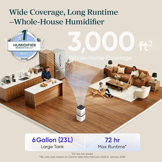 LEVOIT Superior 6000S Smart Evaporative Humidifiers for Home Whole House up to 3000ft², 23L, Last 72-Hour, Premium Filter, Dry Mode, Wheels & Water Fill Hose, Foldable Storage, Sleep Mode, New Edition