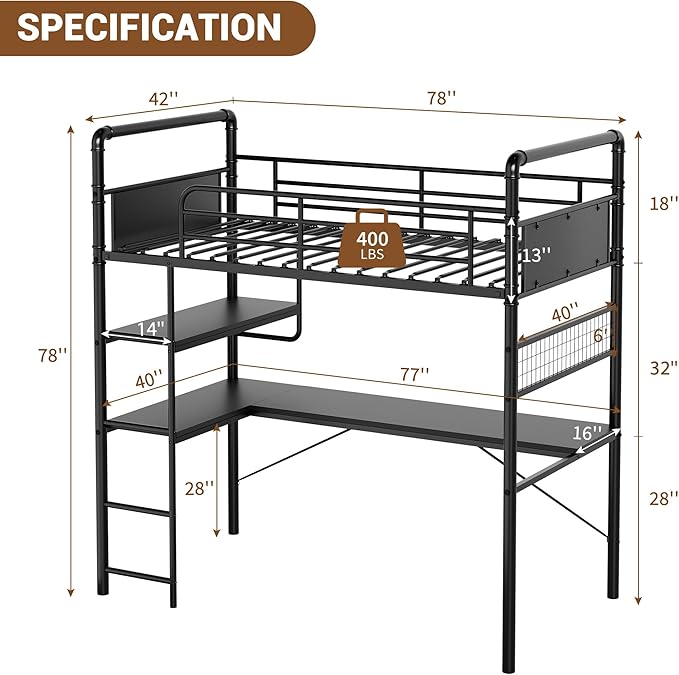 GarveeHome Loft Bunk Bed with L-Shaped Desk, Twin Loft Bed with Desk Underneath, Metal Bunk Beds with High Guardrail and Ladder for Kids/Teens/Adults, Easy Assembly, Vintage Black