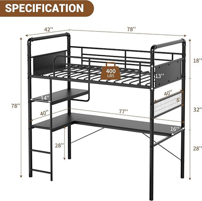 GarveeHome Loft Bunk Bed with L-Shaped Desk, Twin Loft Bed with Desk Underneath, Metal Bunk Beds with High Guardrail and Ladder for Kids/Teens/Adults, Easy Assembly, Vintage Black
