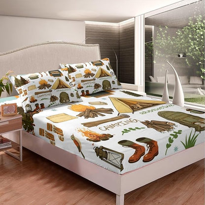 Happy Camping Kids Fitted Sheet Full Size,Camper Equipment Tent Campfire Boots Bedding Set,Boys Girls Room Decor,Outdoor Adventure Time Bed Cover,Brown White Bed Sheet,2 Pillowcases(No Top Sheet)