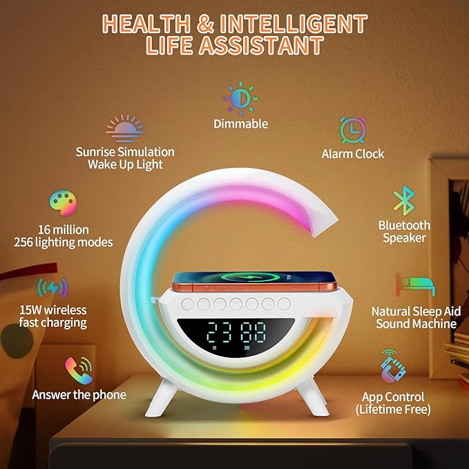Table Lamp Smart Alarm Clocks Alarm Clocks for Bedrooms White Speaker Wireless Charger Smart Light Sound Machine 9.45 inch Night Light Lamp Sunrise Alarm Clock Restroom Bedroom (Large-Style 3401)