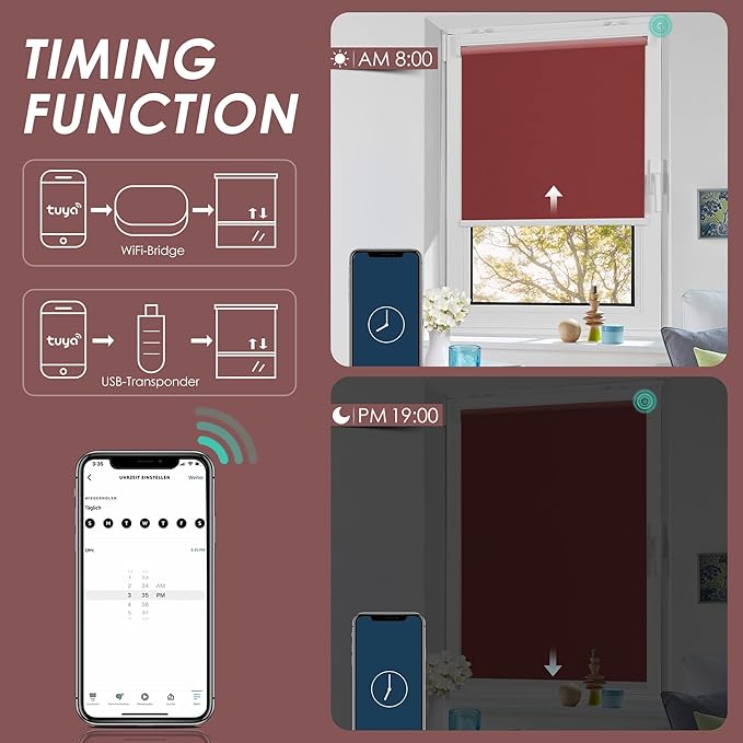 Allesin Motorized Roller Shade Blinds Compatible with Alexa for Window, Blackout Smart Shades Cordless with Remote Control, Electric Automated Blinds, Customized Size, Lithium Battery Motor(Dark Red)