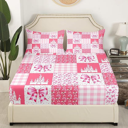 Princess Bowknot Full Size Fitted Sheet,Fairy Tale Castle Cherry Bow Rainbow Graffiti 3 Pieces Kids Teenager Room Decor Dreamy Pink Plaids Patchwork Girly Pocket 2 Pillowcases