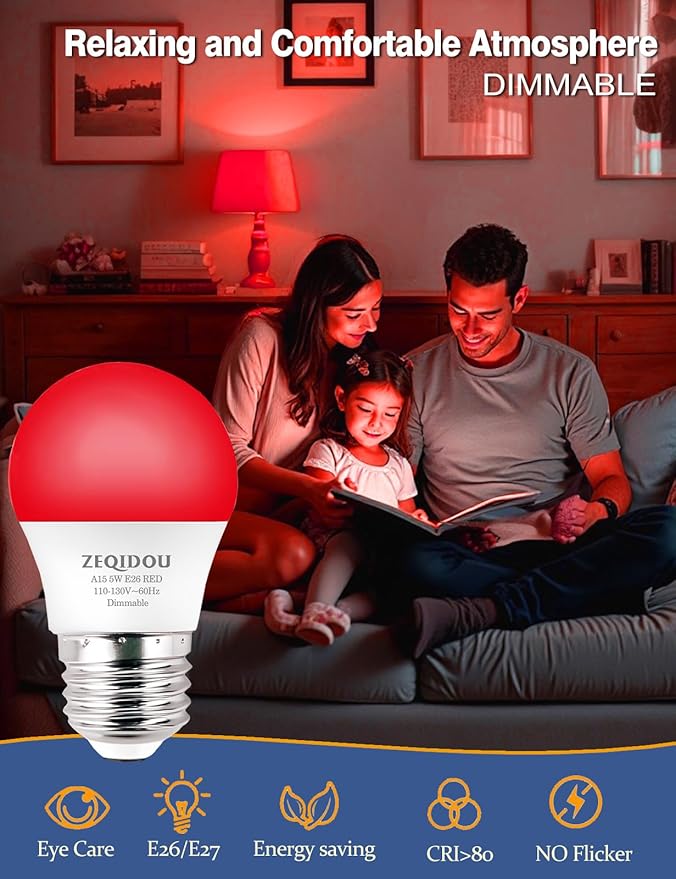 630nm Red Light Bulbs for Sleep Dimmable, 100% Blue Light Blocking, Sleep Light for Melatonin Promoting, A15 E26 5W(40W Equivalent) Dim Light Bulbs for Bedroom, Baby Nursery,4-Pack