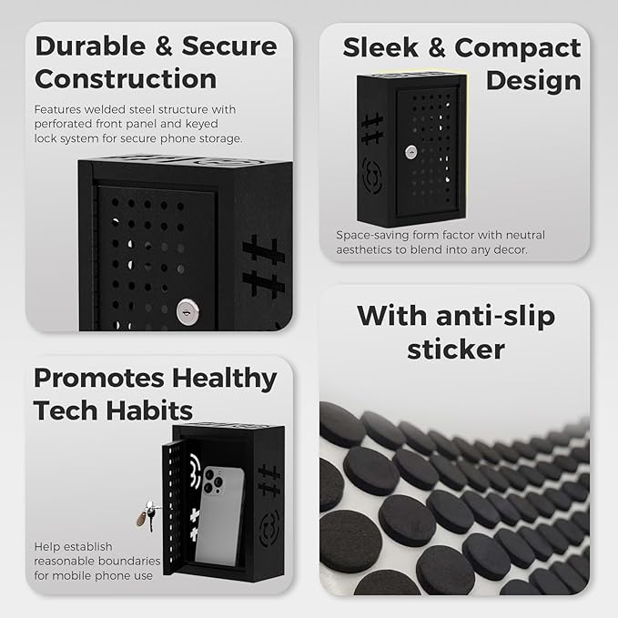 OSKIE Phone Downtime Box - Lockable Smartphone Storage for Home & Office, Key Lock Secure Metal Organize, Wall Mountable, 8.25” x 5.5” x 2.5” (Black)