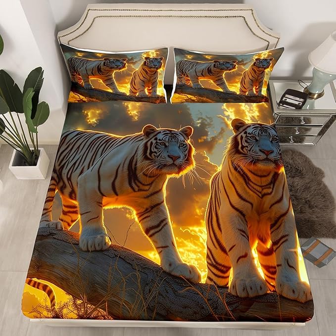 Tiger Kids Fitted Sheet Queen Size,Wild Animals Rustic Farmhouse Tiger Fur Bedding Set,Boys Girls Room Decor,Sunset Hunting Adventure Bed Cover,Brown Country Bed Sheet,2 Pillowcases