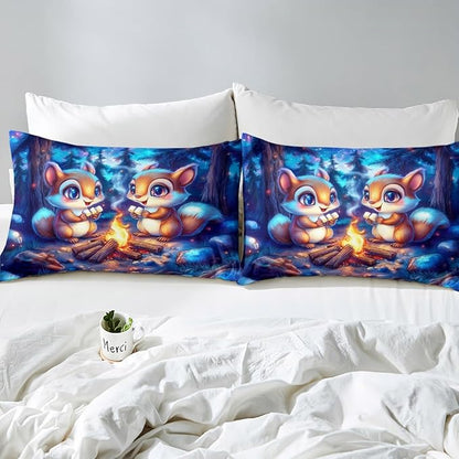 Kawaii Squirrel Kids Fitted Sheet Full Size,Starry Sky Adventure Camping Campfire Bedding Set,Boys Girls Room Decor,Cartoon Jungle Animal Rustic Bed Cover,Blue Bed Sheet,2 Pillowcases(No Top Sheet)