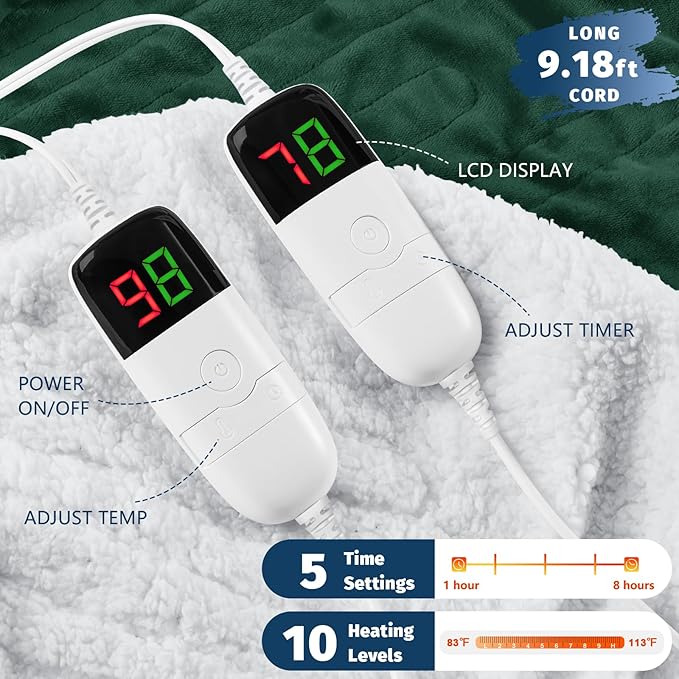 Heated Electric Blanket King Size - 90" x 100" Heating Blanket with Dual Control, 10 Heating Levels & 8 Hours Auto Off, Soft Warm Flannel Blanket, Christmas Birthday Gifts for Senior Grandma