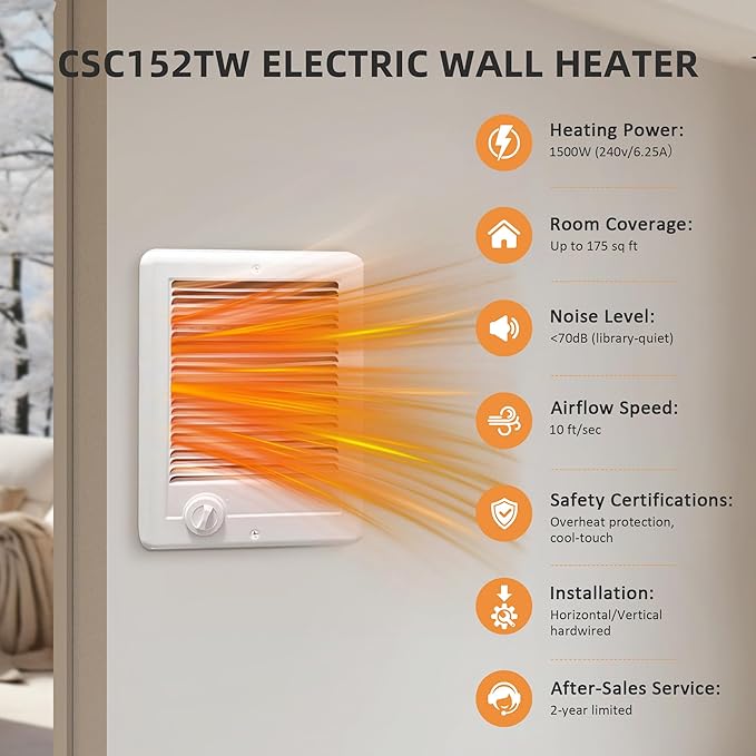 Electric Wall Heater Complete Unit with Thermostat for Indoor Use (Model: CSC152TW, Part: 67506), 5120/3840 BTU, 240/208 Volt, 1500/1125 Watt, White