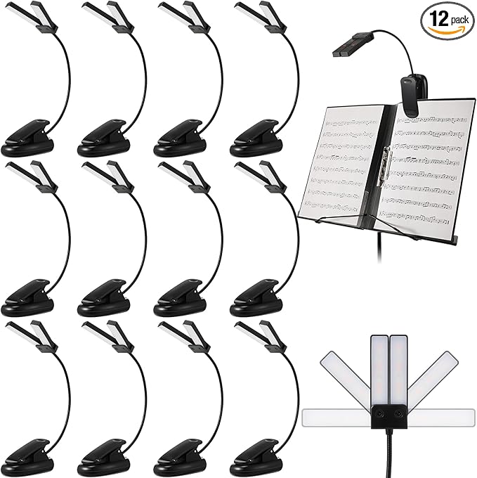 Retisee 12 Pcs Music Stand Clip on Reading Light Dual Heads USB and AAA Battery Operated LED Book Lights in Bed 3 Brightness Levels Ideal for Musician, Battery Not Included (Double-Light Style)