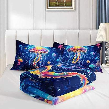 Fantasy Jellyfish Comforter Twin Bedding Sets for Girls Kids Toddlers,Coral Starfish Ocean Theme Bedroom Decor,Blue Underwater World Bedding Sets with 2 Pillowcases.
