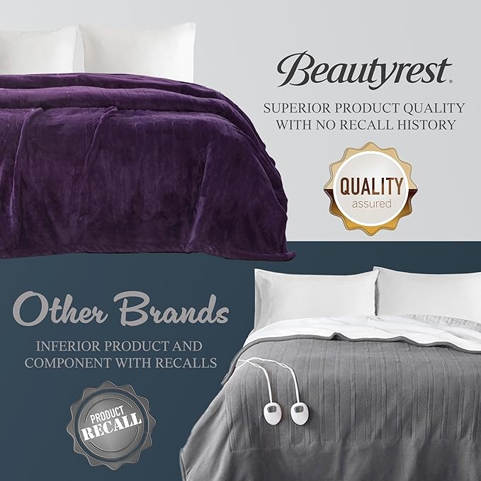 Beautyrest Heated Electric Blanket for Cold Weather, Fast Heating Heated Blanket, Auto Shut Off, Virtually Zero EMF, Multi Heat Setting, UL Certified, Purple King (90 inx100 in)