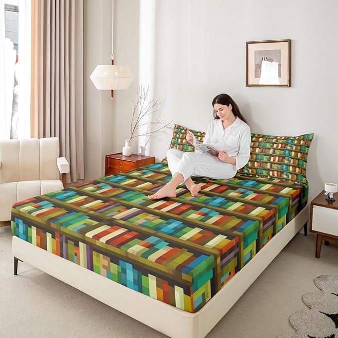 Pixel Video Game Boys Girls Bed Sheets,Bookshelf Pixelated Bookcase Room Decor,Gaming Geometric Grid Kids Twin Size Fitted Sheet,Colorful Bedding Set,1 Pillowcase(No Flat)