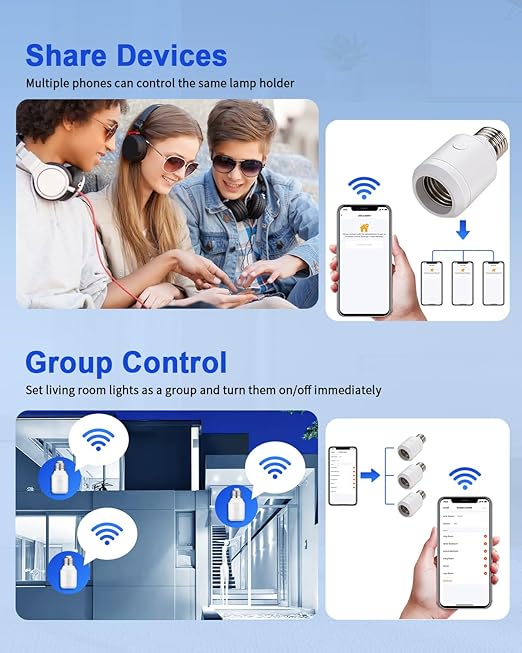 Remote Control Light Socket with Wifi(2.4G Only), Smart WiFi & Bluetooth & RF433 E26 E27 Light Bulb Adapter & Wireless Wall Switch, Remote and APP Control, Voice Control with Alexa and Google