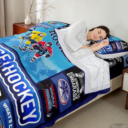 Manfei Hockey Puck Kids Sheet Queen Size, Easy Wash Bedding Set,Geometric Grid Patchwork Kids Room Decor,Blue Sheet(Fitted+Flat+2 Pillowcases)