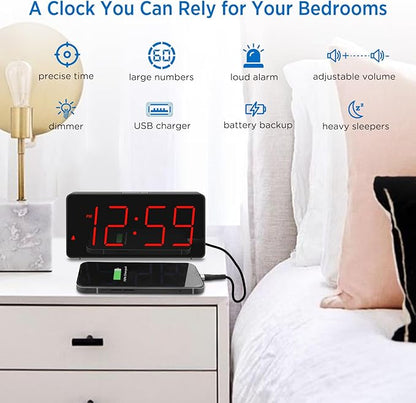 Peakeep Digital Clock, Alarm Clock for Bedrooms with USB Charger Port - Large Big Numbers 5 Brightness for Seniors, Battery Backup, Loud Alarm 5 Volums (Black with Red Digits)