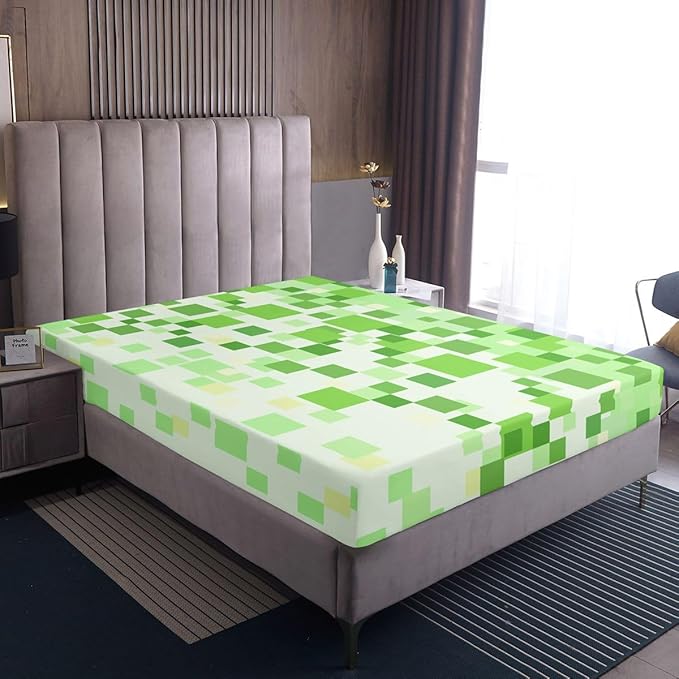 Pixelated Check Kids Queen Size Fitted Sheet,Patchwork Grid Video Games Room Decor,Lattice Geometric Abstract Boys Girls Bed Sheets,Green Bedding Set,2 Pillowcases(No Flat)