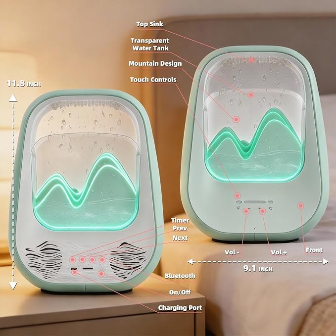 8-in-1 White Noise Sound Machine with Waterfall Design Essential Oil Diffuser Rain Sound Machine with Humidifier, Night Light, Help Stress Relief for Bedroom Office Decor Gift, Green